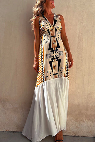 Vestido largo Meridress con cuello en V, sin mangas y estampado de empalme