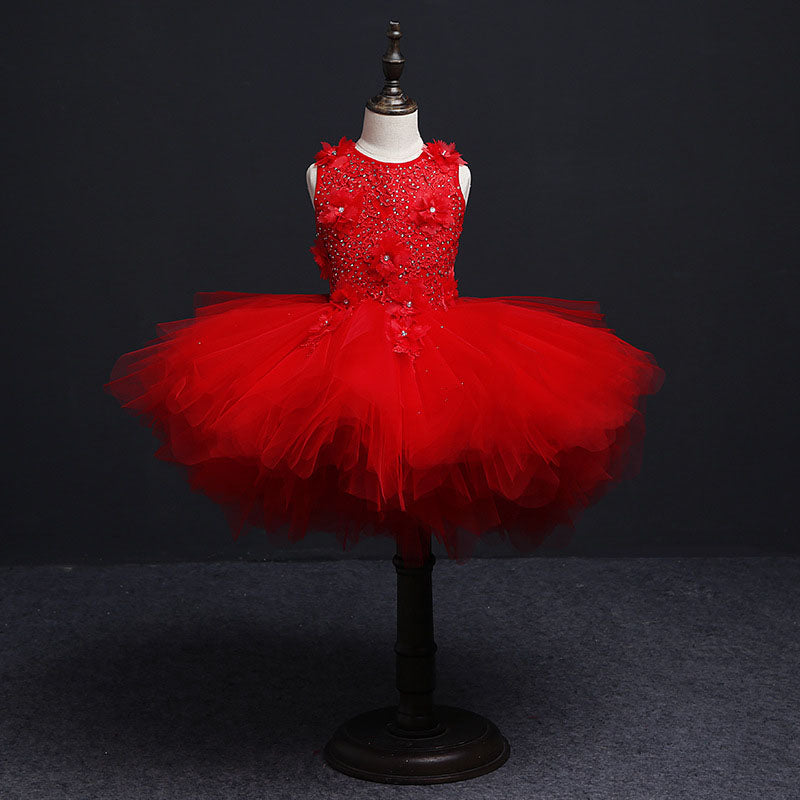 Vestido de comunión de verano para niñas, sin mangas, con bordado de lentejuelas, vestido de princesa con cola 