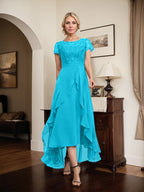 A-Linien-Kleid mit asymmetrischem Chiffon-Spitzenausschnitt, Schleife, Rüschen und Pailletten für die Mutter der Braut 
