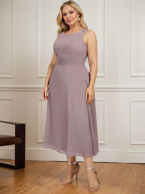 Vestido de gasa para madre de la novia, corte A, escote redondo, largo hasta la rodilla, con pliegues