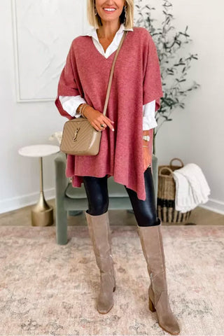 Locker sitzender Poncho-Pullover mit V-Ausschnitt
