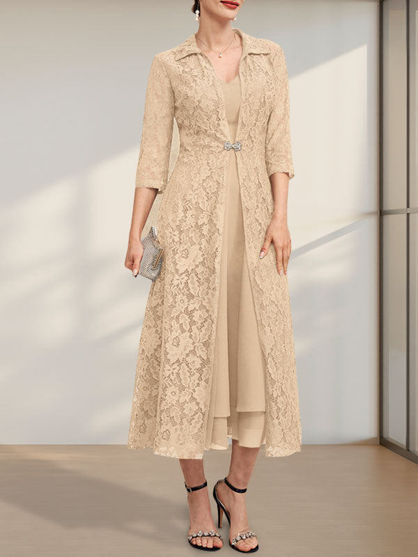 A-Linien-Chiffonkleid mit V-Ausschnitt und Teelänge für die Mutter der Braut