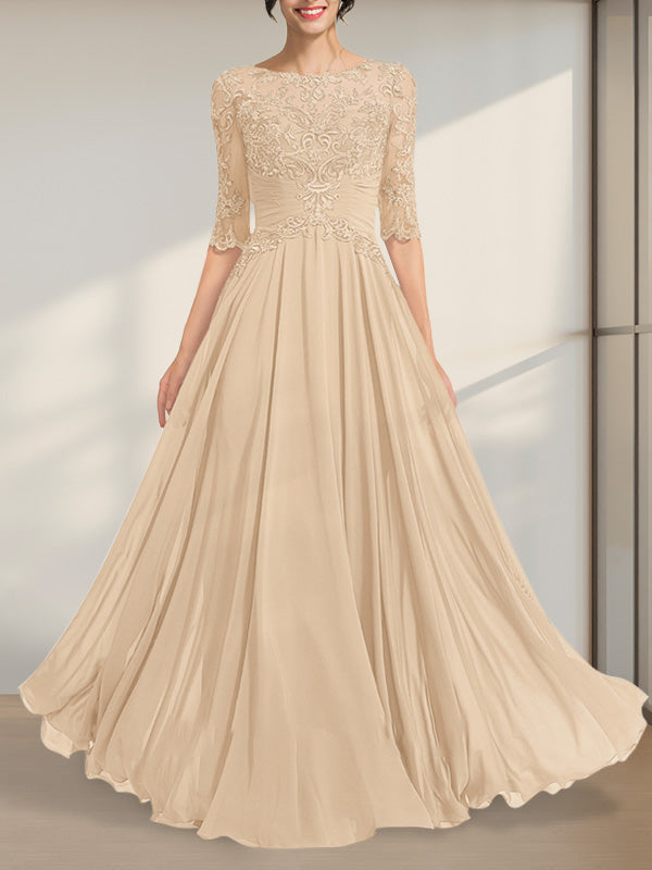 A-Linien-Kleid mit Illusion-Ausschnitt, bodenlang, aus Chiffon und Spitze, mit plissierten Pailletten und V-Ausschnitt für die Mutter der Braut