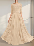 A-Linien-Kleid mit Illusion-Ausschnitt, bodenlang, aus Chiffon und Spitze, mit plissierten Pailletten und V-Ausschnitt für die Mutter der Braut