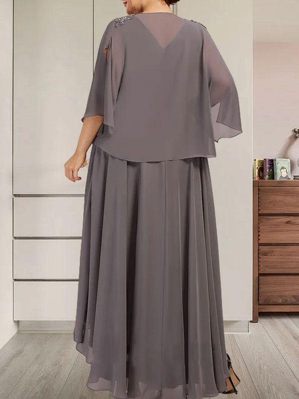 A-Linien-Kleid aus Chiffon mit V-Ausschnitt, asymmetrischem Muster und Perlen- und Paillettenbesatz für die Mutter der Braut