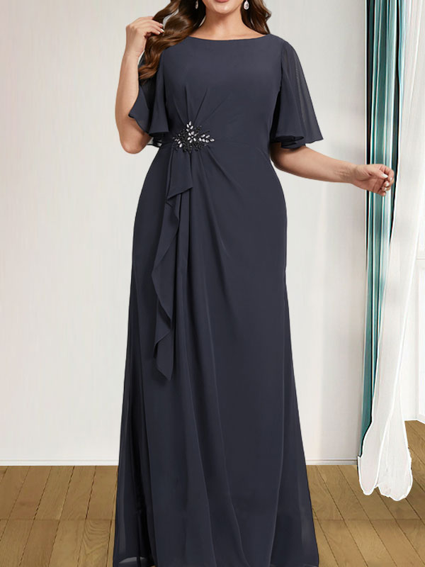 A-Linien-Kleid aus Chiffon in Bodenlänge für die Mutter der Braut mit kaskadenartigen Rüschen, Perlen und Pailletten