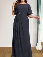A-Linien-Kleid aus Chiffon in Bodenlänge für die Mutter der Braut mit kaskadenartigen Rüschen, Perlen und Pailletten