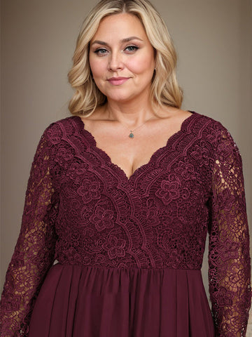 A-Linien-Kleid aus Chiffon mit V-Ausschnitt und asymmetrischer Spitze für die Mutter der Braut