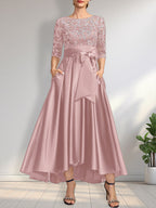 A-Linien-Kleid mit asymmetrischem Ausschnitt, Illusion-Effekt, Satinspitze und Schleife für die Mutter der Braut