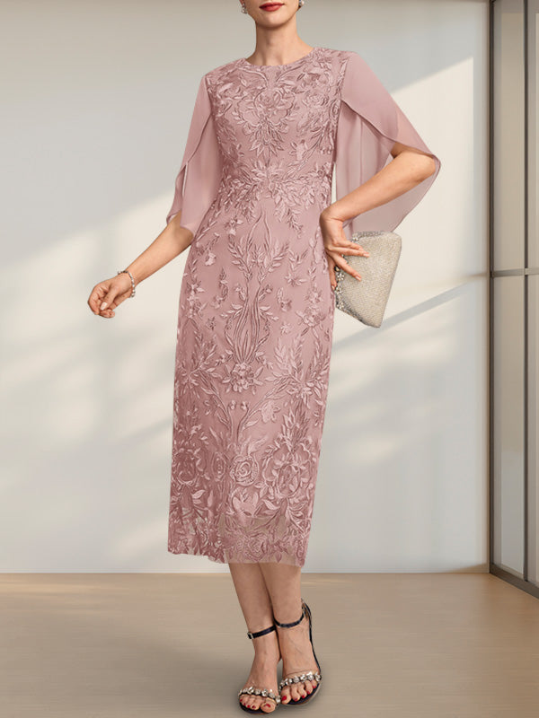 Vestido para madre de la novia de gasa con encaje, corte tubo, escote redondo y largo hasta la rodilla