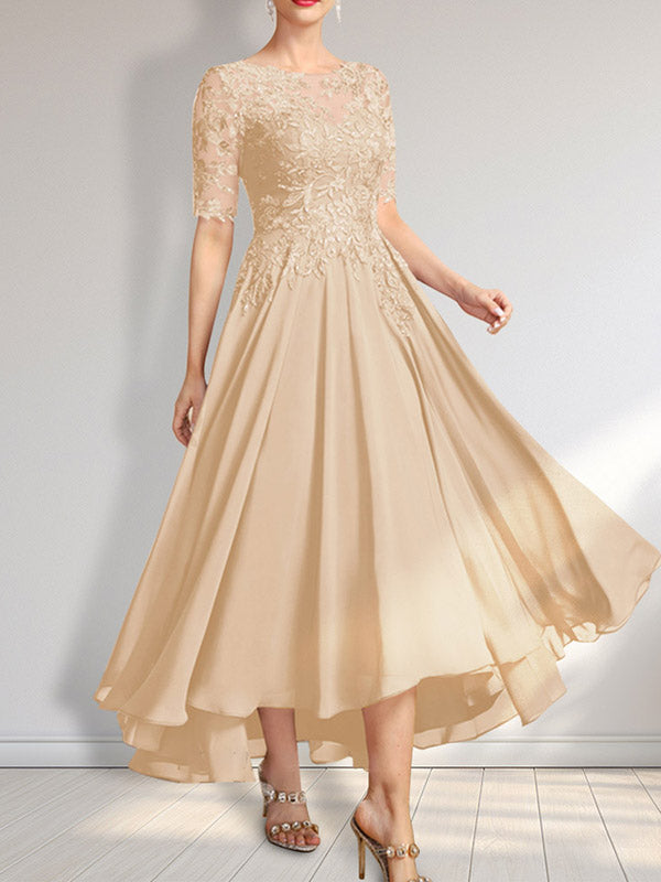 A-Linien-Kleid mit asymmetrischem Chiffon-Spitzenausschnitt und Pailletten für die Mutter der Braut 