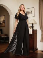 Jumpsuit/Hosenanzug, bodenlanges Chiffon-Abendkleid mit V-Ausschnitt