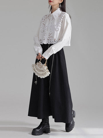 Lange Ärmel Lose Geknöpft Hohl Einfarbig Revers Blusen &amp; Hemden Tops 