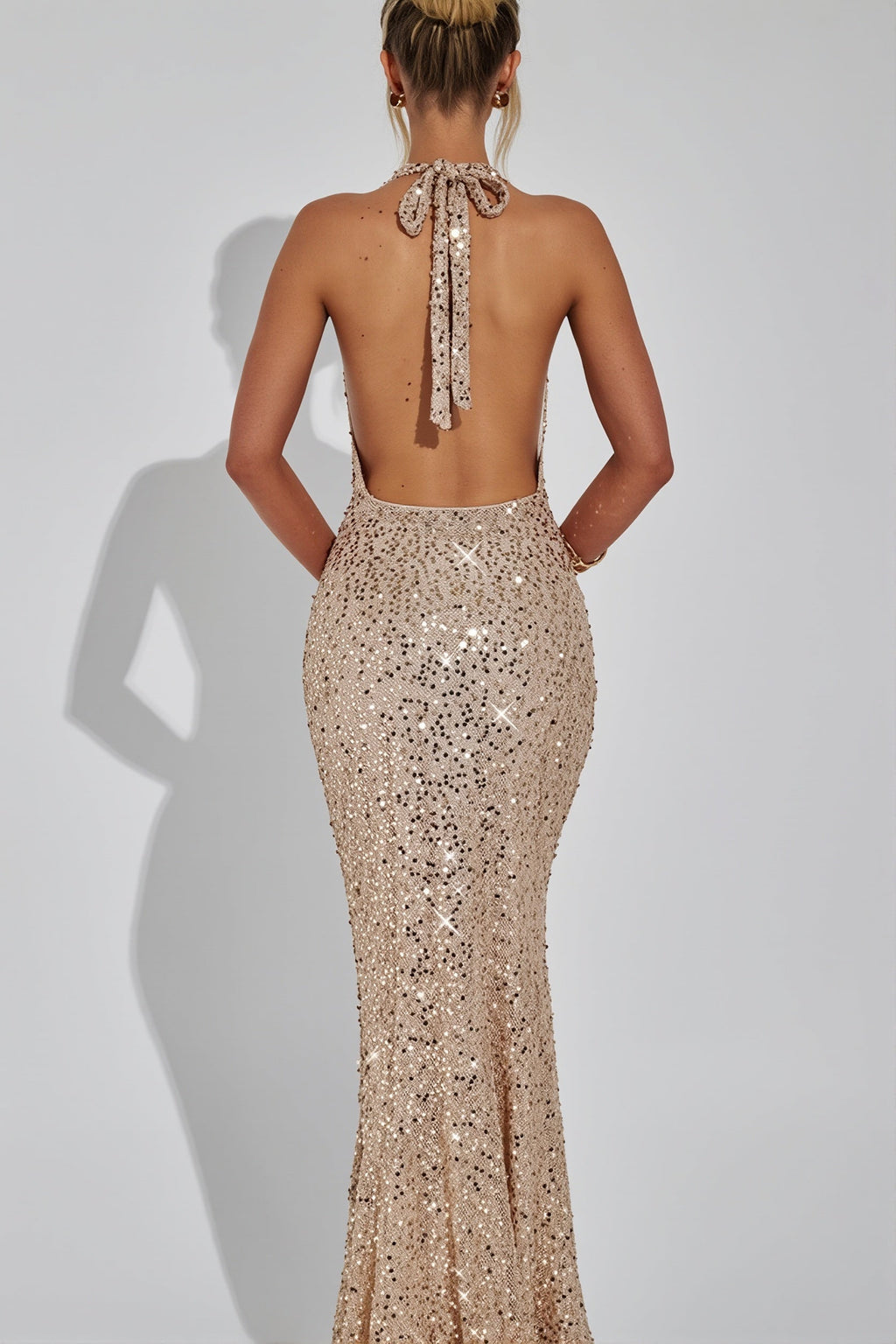Sequin Cowl Neck Backless Bodycon Maxi Dress