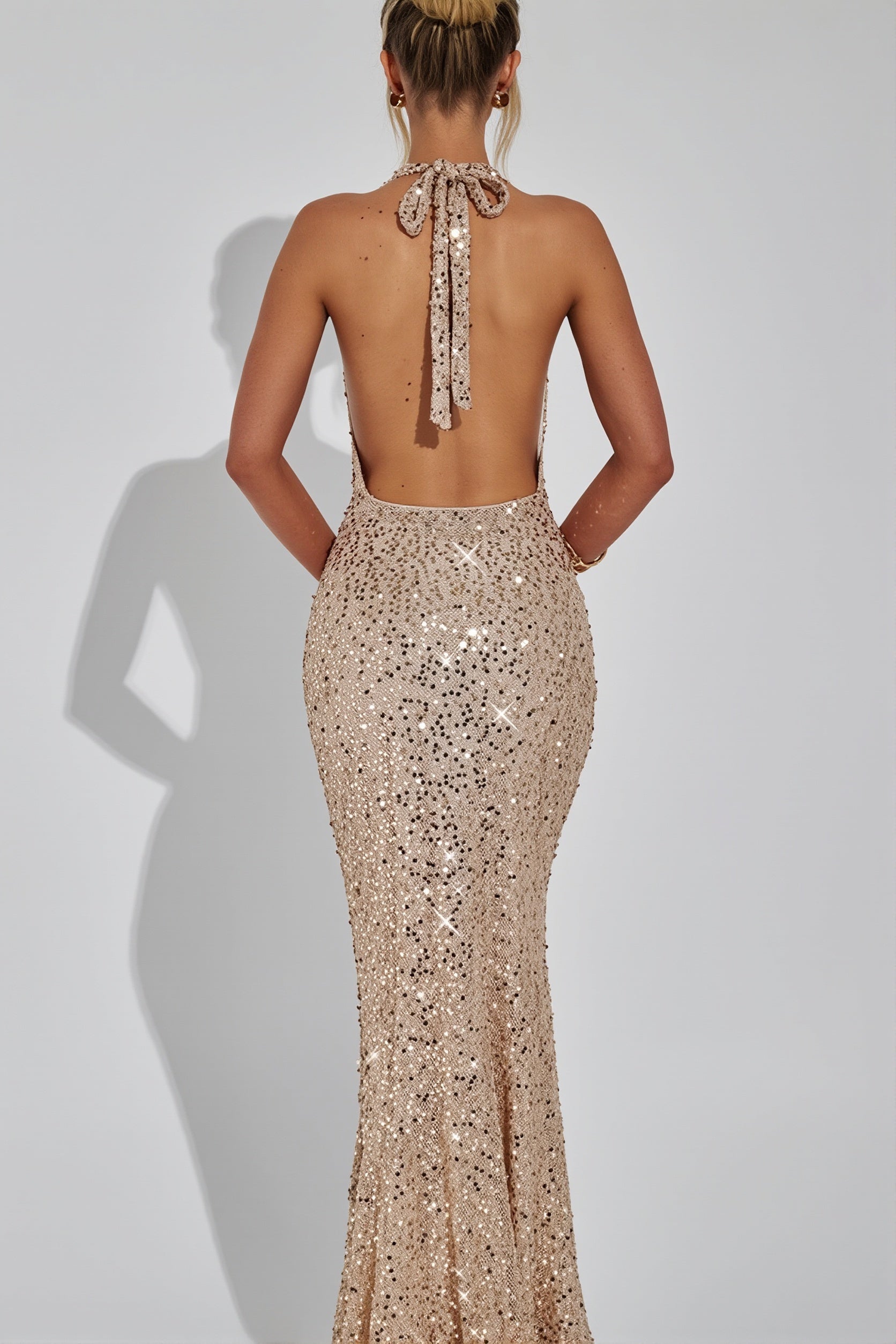 Sequin Cowl Neck Backless Bodycon Maxi Dress