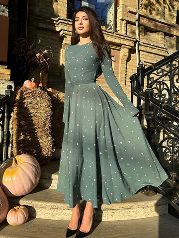 Mini Triangle Printed Dress Round Neck Long Sleeves Casual Maxi Dresses