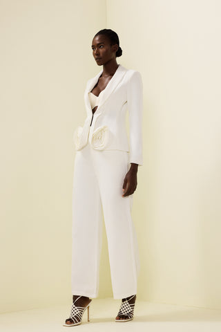 3D Flower Long Sleeve Blazer & High Waist Pants Set