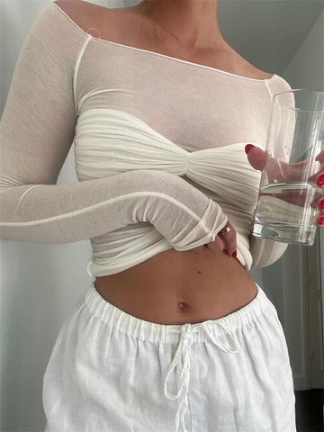 Camiseta de malla transparente con hombros descubiertos para mujer, nueva camiseta de manga larga con encaje transparente, top de punto, camiseta de malla de verano 