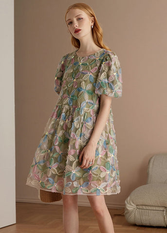 Versand in 24 Stunden/ iItalian Green O Neck Floral Patchwork Tüll Midi Kleider Puffärmel 