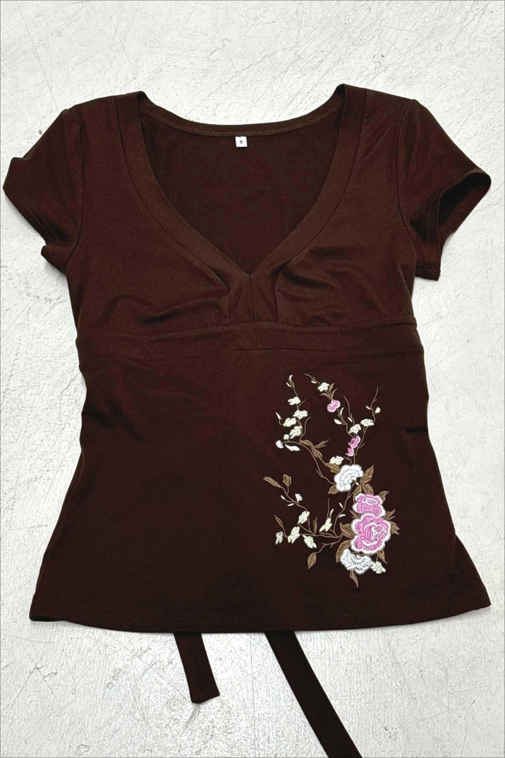 Vintage Floral Embroidery Tie Waist V Neck T-shirt