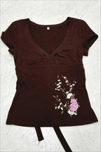 Vintage Floral Embroidery Tie Waist V Neck T-shirt