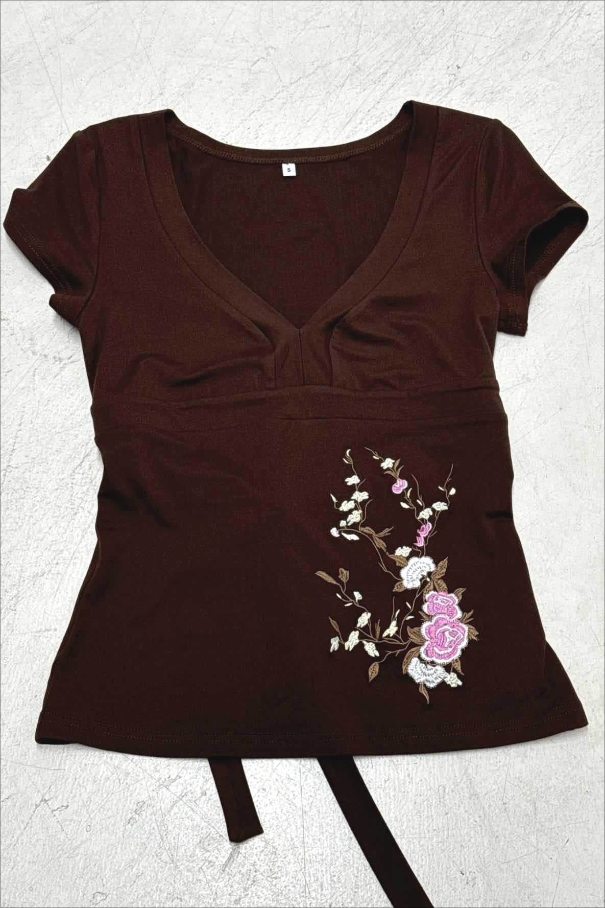 Vintage Floral Embroidery Tie Waist V Neck T-shirt