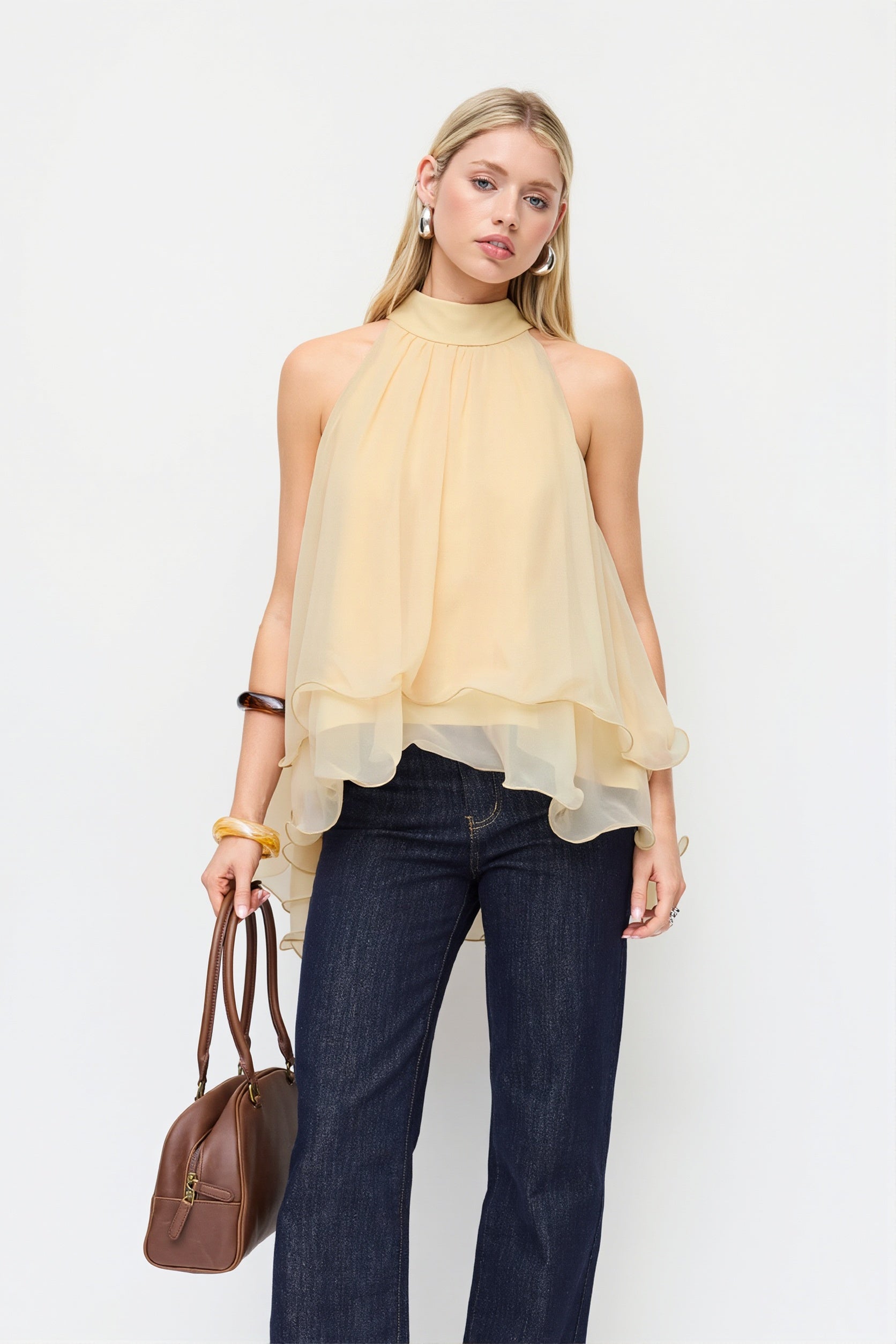 Loose Chiffon Ruffle Flowy Halter Top