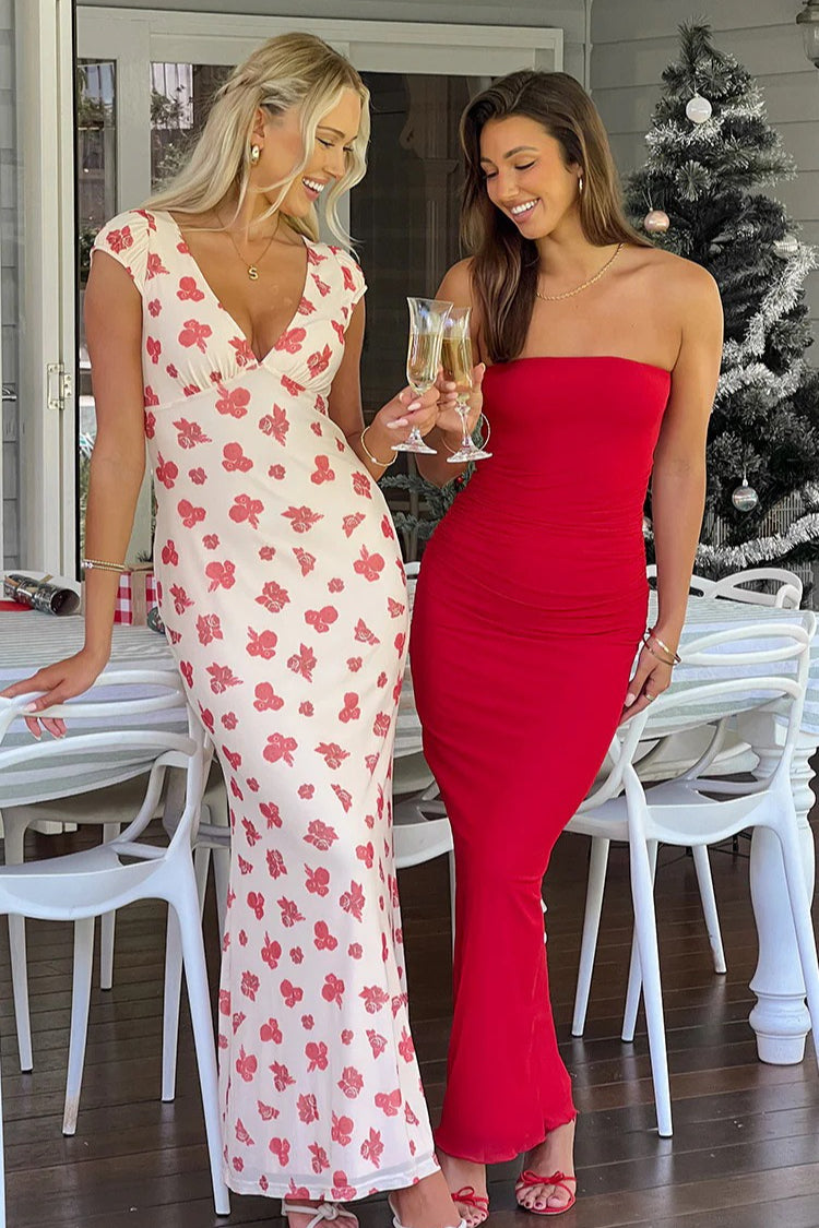 Sexy Bandeau Mesh Ruched Floral Print Maxi Dress