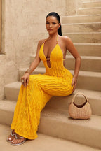 Elegant Jacquard Shutter Ruffle Backless Maxi Dress