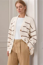 Striped Cotton V Neck Knit Cardigan