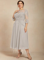 A-Linien-Kleid mit U-Boot-Ausschnitt, Illusion-Detail, Teelänge, Chiffonspitze, Perlenstickerei und Pailletten für die Mutter der Braut