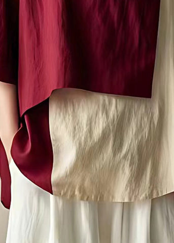 Französisches, weinrotes, asymmetrisches Patchwork-Baumwolltop mit Armbandärmeln 