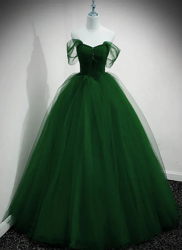 Vestido de fiesta largo de tul con cuentas y hombros descubiertos, vestido de fiesta de tul de corte A, vestido de baile, vestido de quinceañera