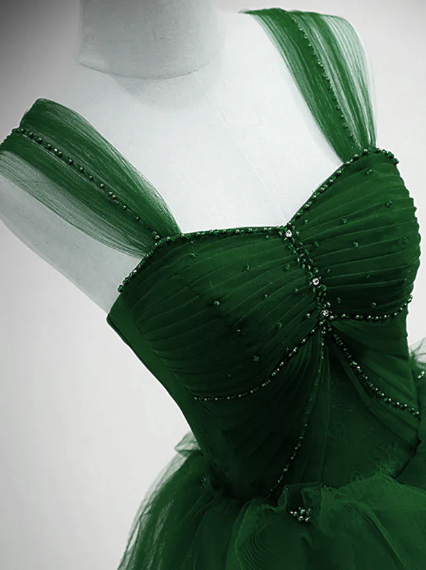 Vestido de fiesta largo de tul con cuentas y hombros descubiertos, vestido de fiesta de tul de corte A, vestido de baile, vestido de quinceañera