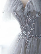 A-Line Princess Beaded Layers Glitter Tulle Long Formal Dress Off Shoulder Prom Dress