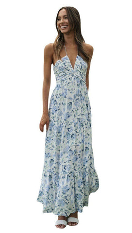 Women's V Neck Maxi Dress Elegant Shoulder Baring Sleeveless Sling