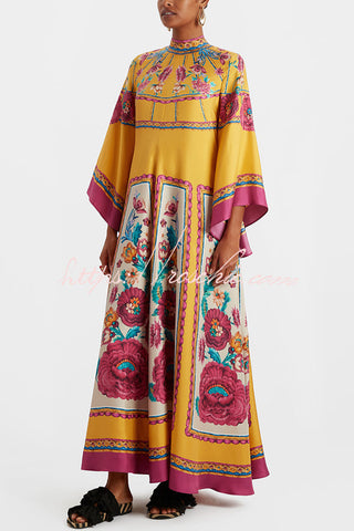 Shine The Light Unique Printed High Neck Bell Sleeve Loose Maxi Dress