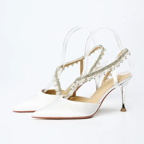 Sandalias de tacón alto con tiras cruzadas en la cabeza, de primavera/verano, con perlas francesas, diamantes de agua y blancos, para boda.