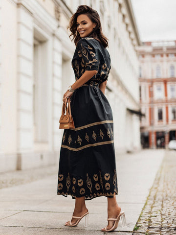 Maxi Dress Stand Collar Half Sleeves Linen Sexy Floral Print Drawstring Floor Length Dress