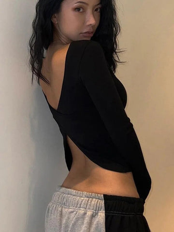 Sexy Long Sleeve Backless T Shirt Gothic Round-neck Skinny Women Crop Tops 2024 Autumn Fashion Black Tees Party Clubwear
