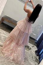 A-Linien-Abendkleid in Rosa mit einem Träger und Rüschen