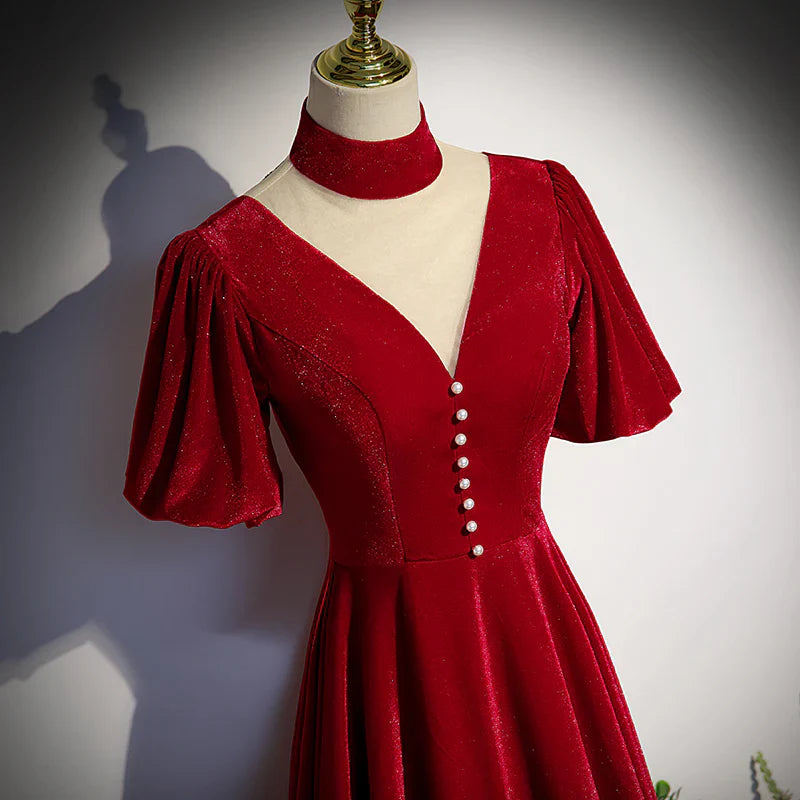 A-Linien-Partykleid aus Samt mit hohem Ausschnitt, kurzen Ärmeln, Samt-Abschlussballkleid