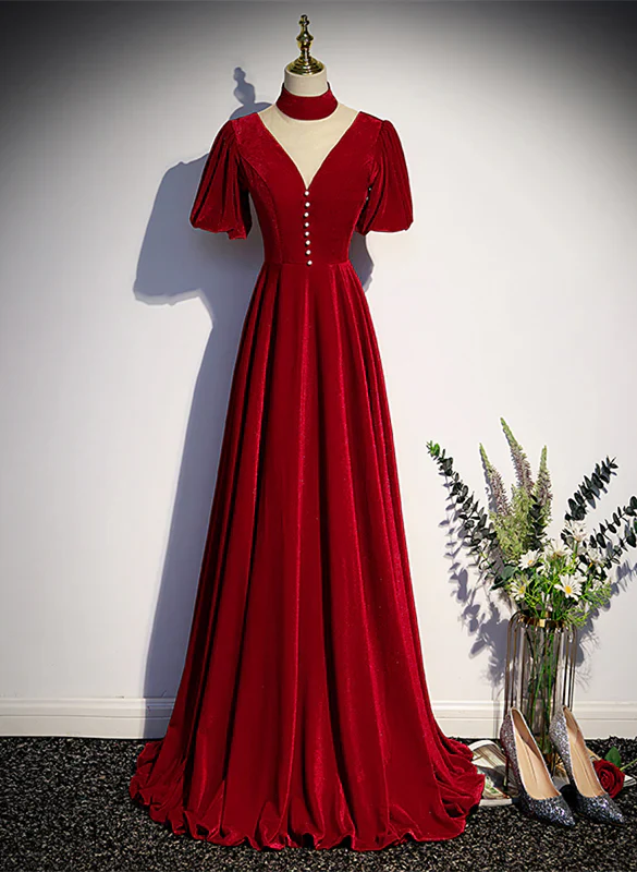 A-Linien-Partykleid aus Samt mit hohem Ausschnitt, kurzen Ärmeln, Samt-Abschlussballkleid
