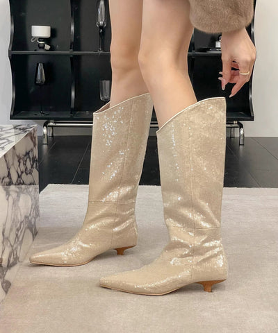 Nuevas y elegantes botas de tacón bajo con lentejuelas en color albaricoque 