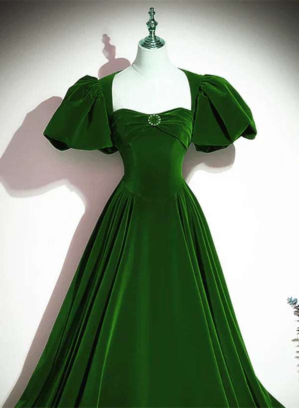 A-Line Princess Velvet Backless Ballgown Long Party Dress Short Sleeves Formal Dress Prom Dress