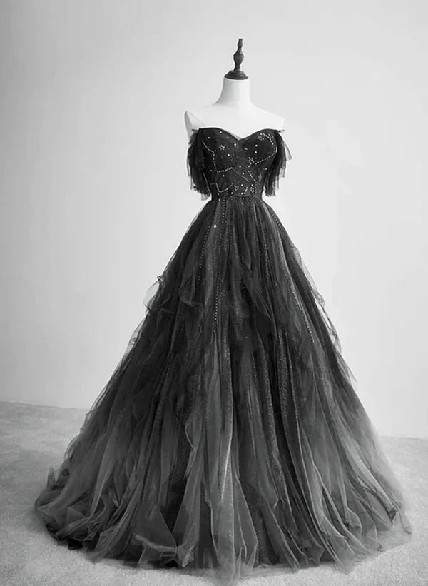 A-Linie Tüll Ballkleid Langes Partykleid Perlen Abendkleid Abschlussballkleid