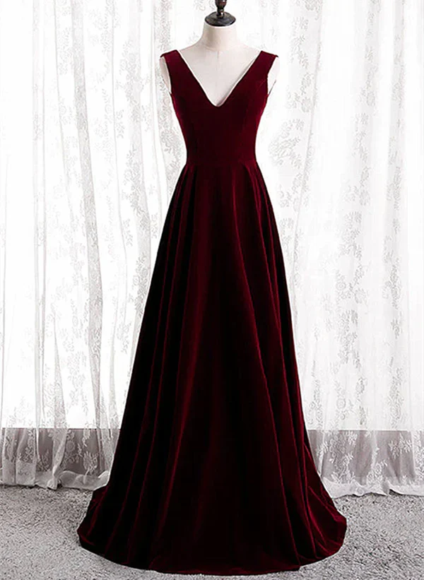 Vestido de fiesta largo sin mangas con escote en V de terciopelo de corte A, vestido de dama de honor