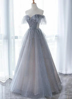 A-Line Princess Beaded Layers Glitter Tulle Long Formal Dress Off Shoulder Prom Dress