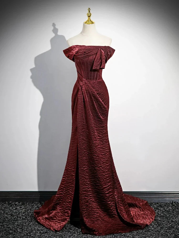 Mermaid Off Shoulder Satin Long Corset Prom Dress Formal Dress With Sweep Train