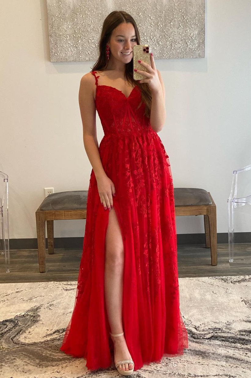 A-line Sweetheart Lace Tulle Prom Dress with Slit